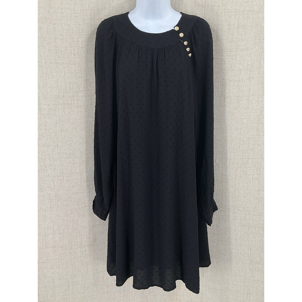 Loft Dress Women M Tall Black Clip Dot Gold Button Office Modest Timeless NEW
